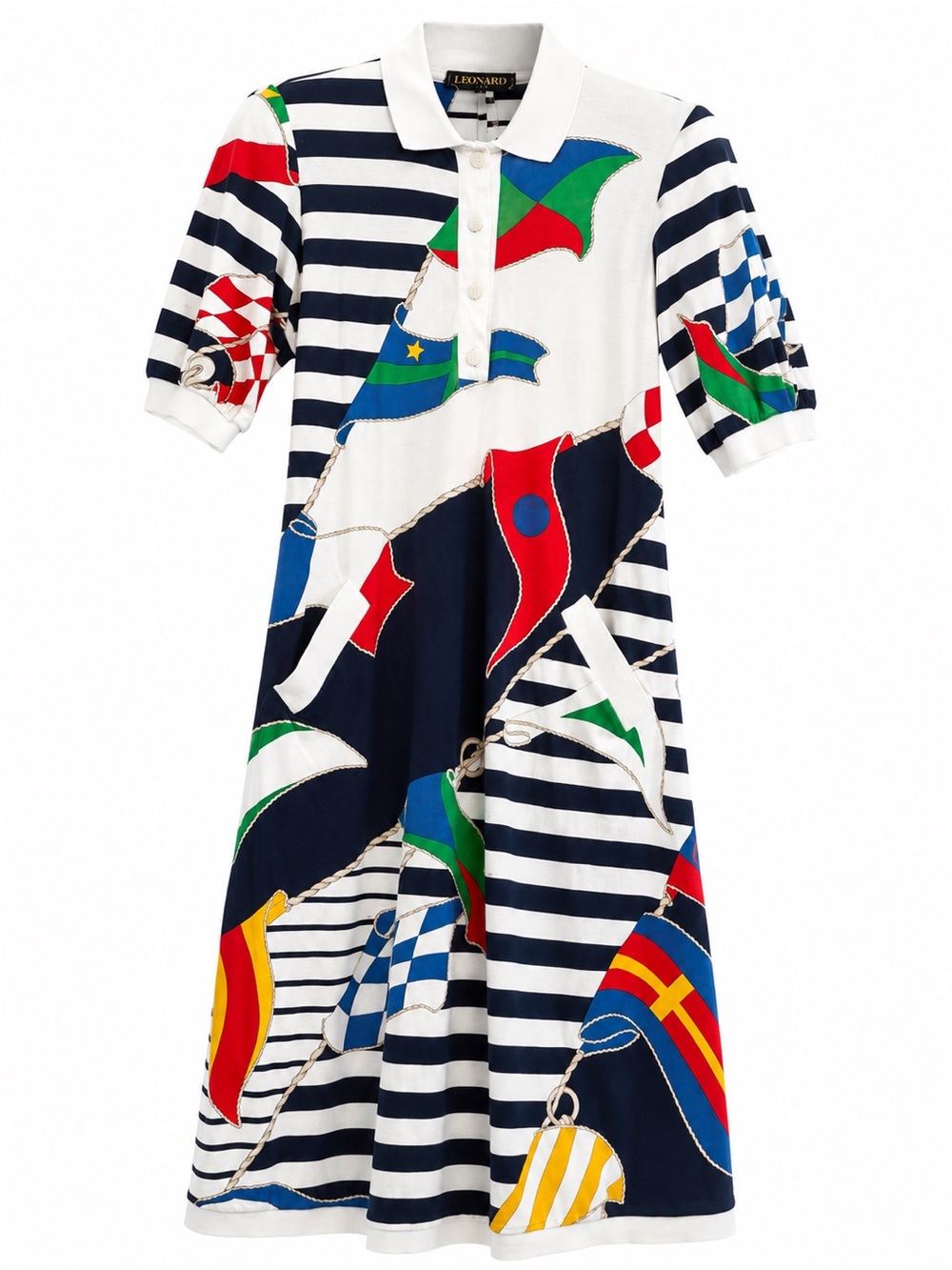 Rare Vintage 70s Leonard Paris Dress S Nautical Flag Print Stripped Silk Blend